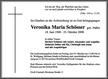 Traueranzeige von Veronika Maria Schösser von OFFENBACH-POST/HANAU-POST