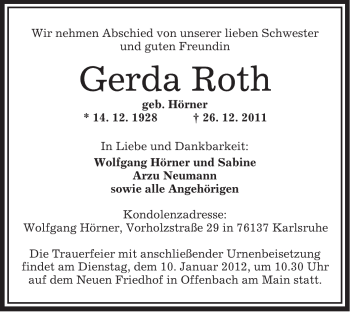 Traueranzeige von Gerda Roth von OFFENBACH-POST/HANAU-POST