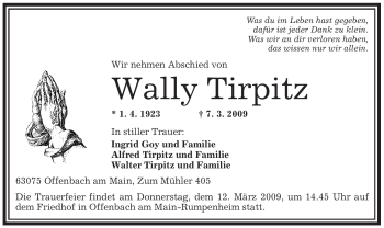 Traueranzeige von 63075 Offenbach am Main Wally von OFFENBACH-POST/HANAU-POST