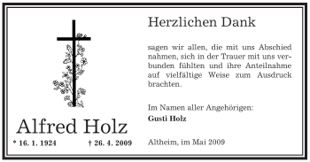 Traueranzeige von Alfred Holz von OFFENBACH-POST/HANAU-POST