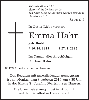 Traueranzeige von Emma Hahn von Offenbach