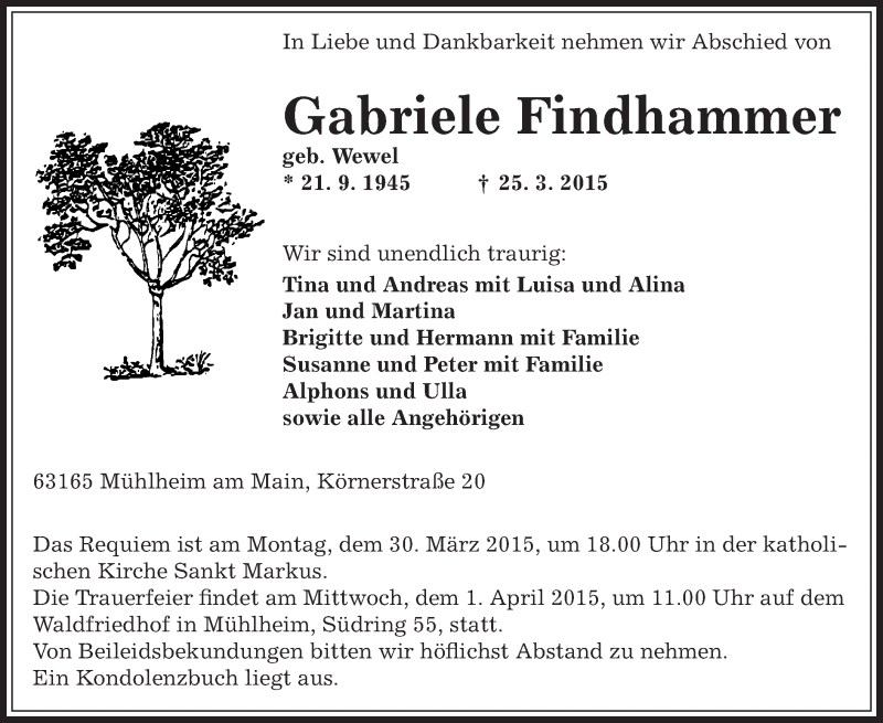  Traueranzeige für Gabriele Findhammer vom 28.03.2015 aus Offenbach