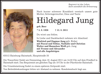 Traueranzeige von Hildegard Jung von OFFENBACH-POST/HANAU-POST