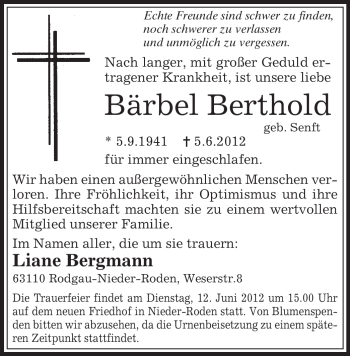 Traueranzeige von Bärbel Berthold von OFFENBACH-POST/HANAU-POST