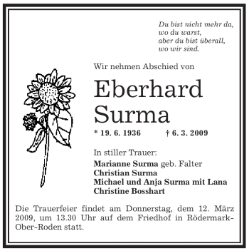 Traueranzeige von Eberhard Surma von OFFENBACH-POST/HANAU-POST