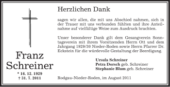 Traueranzeige von Franz Schreiner von OFFENBACH-POST/HANAU-POST