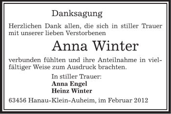 Traueranzeige von Anna Winter von OFFENBACH-POST/HANAU-POST