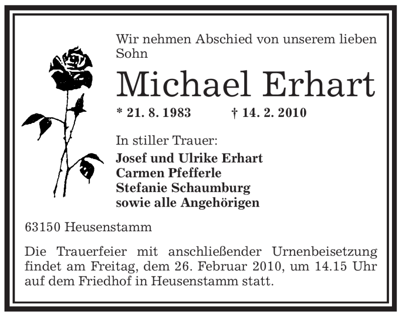  Traueranzeige für Michael Erhart vom 20.02.2010 aus OFFENBACH-POST/HANAU-POST