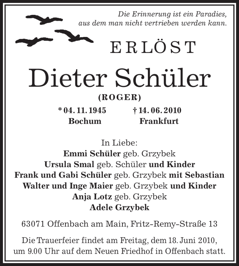  Traueranzeige für Dieter Schüler vom 15.06.2010 aus OFFENBACH-POST/HANAU-POST
