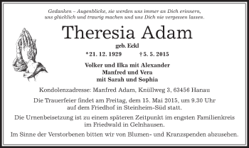 Traueranzeige von Theresia Adam von Offenbach