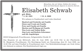 Traueranzeige von Elisabeth Schwab von OFFENBACH-POST/HANAU-POST