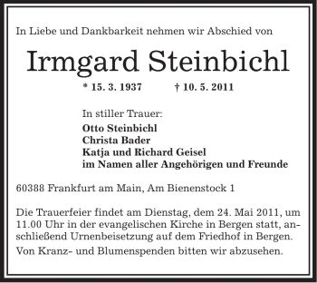 Traueranzeige von Irmgard Steinbichl von OFFENBACH-POST/HANAU-POST