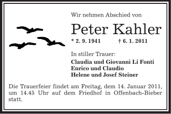 Traueranzeige von Peter Kahler von OFFENBACH-POST/HANAU-POST