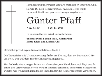 Traueranzeige von Günter Pfaff von Offenbach