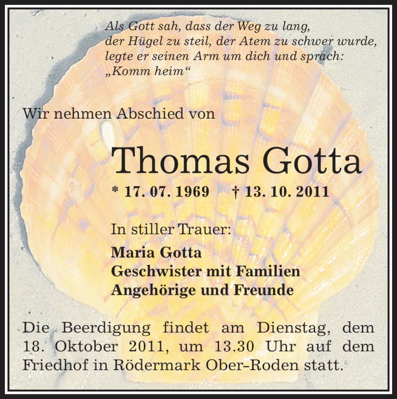  Traueranzeige für Thomas Gotta vom 15.10.2011 aus OFFENBACH-POST/HANAU-POST