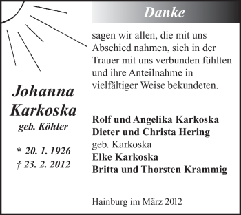 Traueranzeige von Johanna Karkoska von OFFENBACH-POST/HANAU-POST