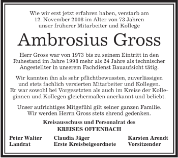 Traueranzeige von Ambrosius Gross von OFFENBACH-POST/HANAU-POST