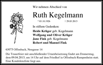 Traueranzeige von Ruth Kegelmann von Offenbach