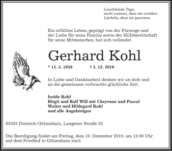 Traueranzeige von Gerhard Kohl von OFFENBACH-POST/HANAU-POST