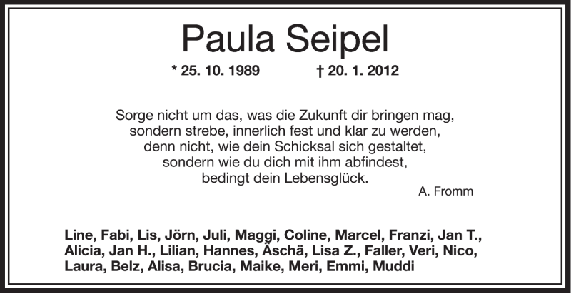  Traueranzeige für Paula Seipel vom 28.01.2012 aus OFFENBACH-POST/HANAU-POST