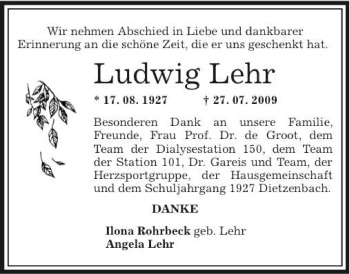 Traueranzeige von Ludwig Lehr von OFFENBACH-POST/HANAU-POST