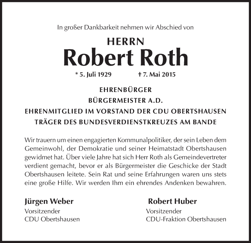  Traueranzeige für Robert Roth vom 11.05.2015 aus Offenbach
