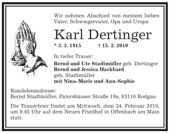 Traueranzeige von Karl Dertinger von OFFENBACH-POST/HANAU-POST