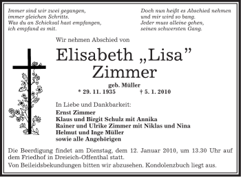 Traueranzeige von Elisabeth Zimmer von OFFENBACH-POST/HANAU-POST