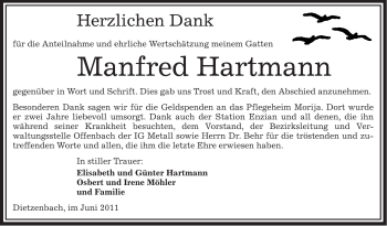Traueranzeige von Manfred Hartmann von OFFENBACH-POST/HANAU-POST