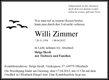 Traueranzeige von Willi Zimmer von OFFENBACH-POST/HANAU-POST