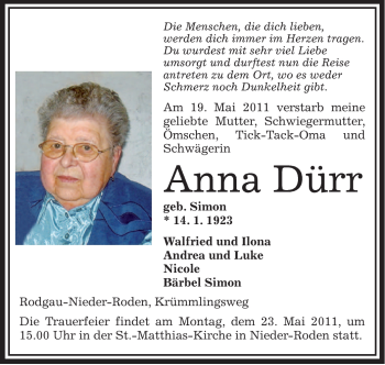 Traueranzeige von Anna Dürr von OFFENBACH-POST/HANAU-POST