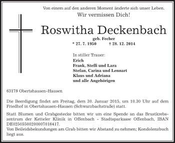 Traueranzeige von Roswitha Deckenbach von Offenbach