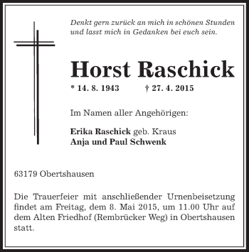 Traueranzeige von Horst Raschick von Offenbach