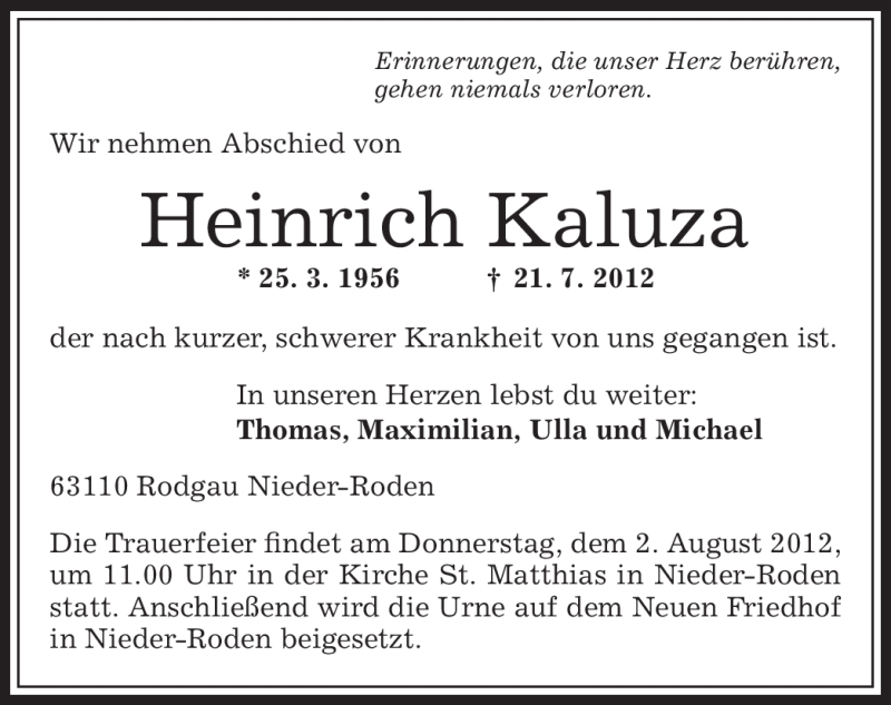  Traueranzeige für Heinrich Kaluza vom 26.07.2012 aus OFFENBACH-POST/HANAU-POST