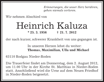 Traueranzeige von Heinrich Kaluza von OFFENBACH-POST/HANAU-POST