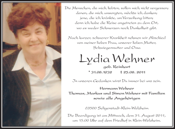 Traueranzeige von Lydia Wehner von OFFENBACH-POST/HANAU-POST