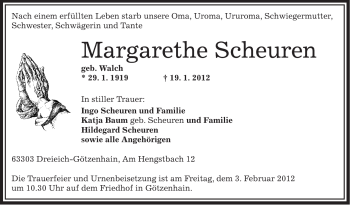 Traueranzeige von Margarethe Scheuren von OFFENBACH-POST/HANAU-POST