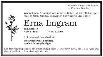 Traueranzeige von Erna Imgram von OFFENBACH-POST/HANAU-POST