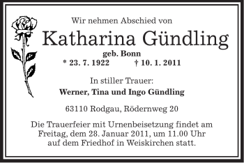 Traueranzeige von Katharina Gündling von OFFENBACH-POST/HANAU-POST