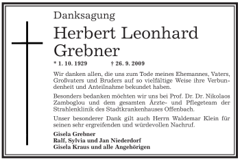 Traueranzeige von Herbert Leonhard Grebner von OFFENBACH-POST/HANAU-POST