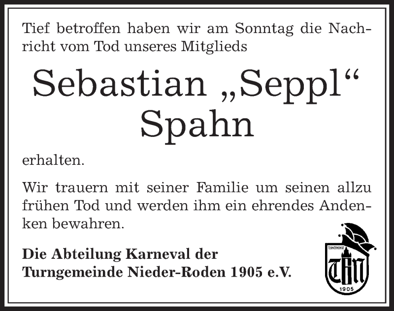  Traueranzeige für Sebastian Spahn vom 15.01.2015 aus Offenbach