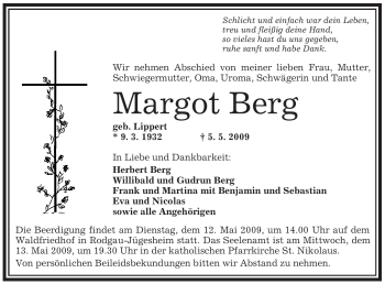 Traueranzeige von Margot Berg von OFFENBACH-POST/HANAU-POST