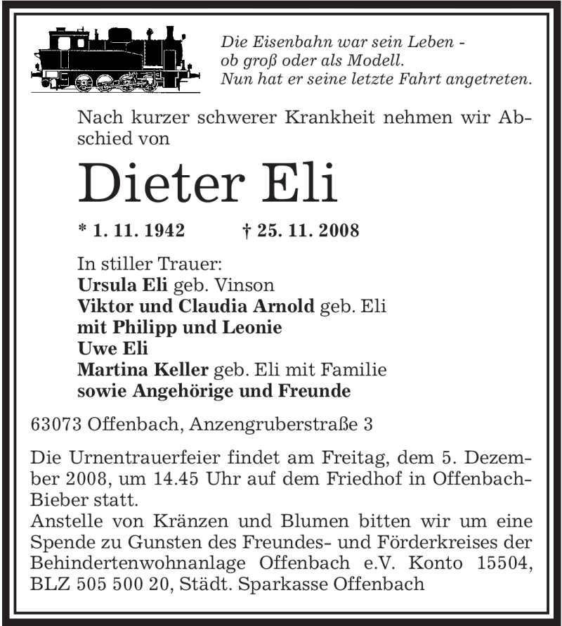  Traueranzeige für Dieter Eli vom 29.11.2008 aus OFFENBACH-POST/HANAU-POST