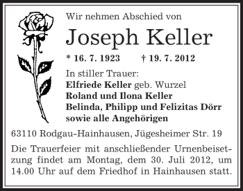 Traueranzeige von Joseph Keller von OFFENBACH-POST/HANAU-POST