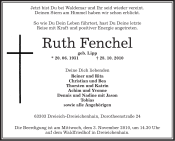 Traueranzeige von Ruth Fenchel von OFFENBACH-POST/HANAU-POST