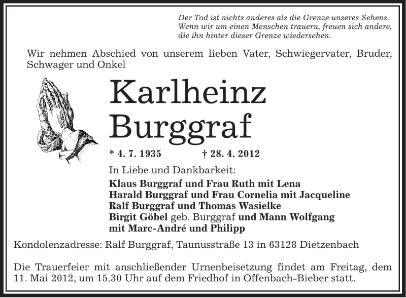  Traueranzeige für Karlheinz Burggraf vom 05.05.2012 aus OFFENBACH-POST/HANAU-POST