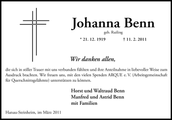 Traueranzeige von Johanna Benn von OFFENBACH-POST/HANAU-POST