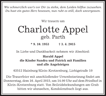 Traueranzeige von Charlotte Appel von Offenbach