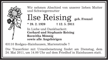 Traueranzeige von Ilse Reising von OFFENBACH-POST/HANAU-POST