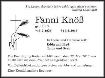 Traueranzeige von Fanni Knöß von Offenbach